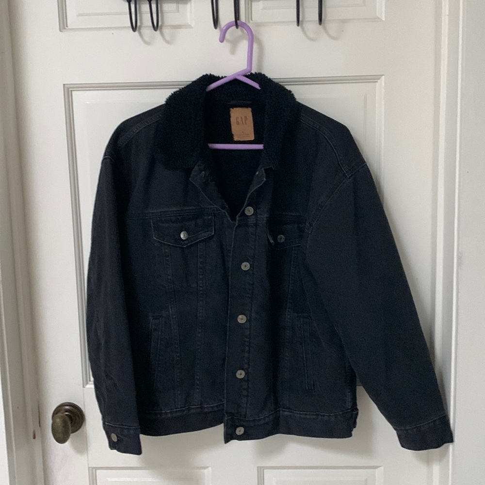 Gap oversized black denim Sherpa jacket size Small - Picture 3 of 11